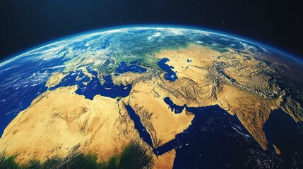 A stunning view of Earth highlighting the Middle East and surrounding regions from space.