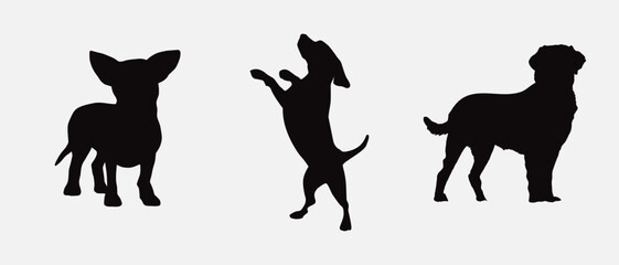 Dog silhouette collection vector. Dog in various poses and activities like jumping, sitting, running, playing, and standing. Silhouette black puppies, pet dog vector