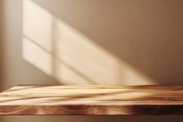  Wooden countertop in the kitchen. Empty product table against a beige wall background. Brown podium for presentation. Interior with a platform for advertising eco-cosmetics. 