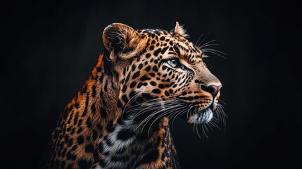 Obraz premium A powerful portrait of a majestic leopard against a black background, capturing the beauty and strength of this wild predator.