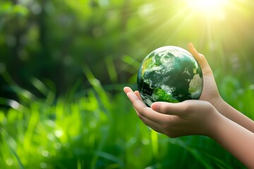 Hands Holding a Globe in Nature and sun light.