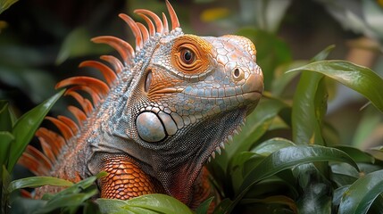 Fototapeta premium iguana subtly camouflaged among vibrant green foliage its textured skin blending seamlessly into the lush surroundings creating an intriguing peek into natures beauty