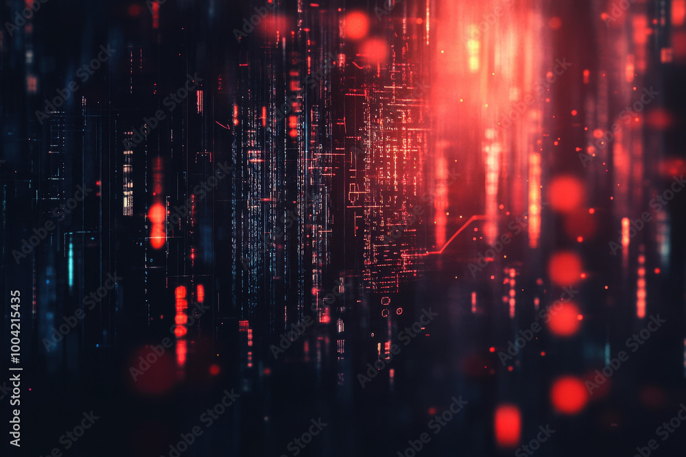 Poster illuminated digital matrix with vibrant red lights and intricate patterns creating a futuristic cybe