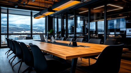 Ultramodern conference room in a research facility with interactive screens and glass walls, scientific meeting space, collaborative scientific innovation