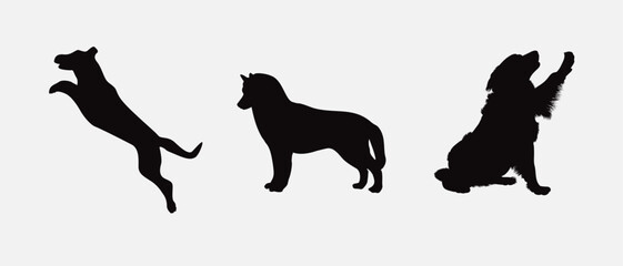 Dog silhouette collection vector. Dog in various poses and activities like jumping, sitting, running, playing, and standing. Silhouette black puppies, pet dog vector