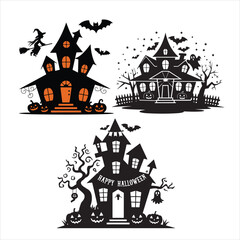 set of halloween, hunted house silhouette