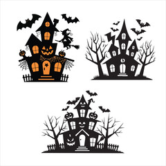 set of halloween, hunted house silhouette