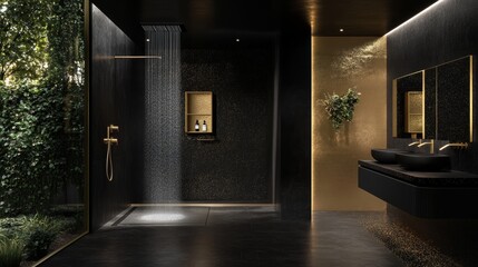 Modern Luxury Bathroom with Black and Gold Design.