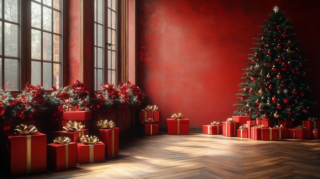 New year card, In the room have realistic christmas tree behide the red gift box, the wooden wall in the room include a spacious area suitable for overlaying text.