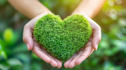 A pair of hands holding a heart-shaped clump of moss, symbolizing love for nature and environmental care.