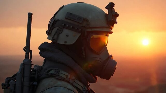 Soldier Wearing Gas Mask and Helmet Against a Dramatic Sunset