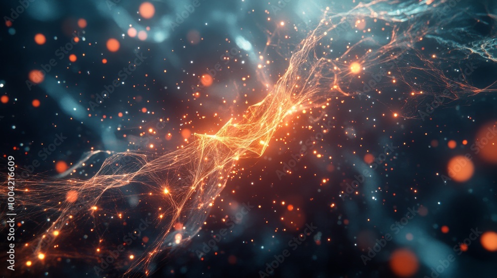 Poster Abstract digital artwork showcasing luminous threads and glowing particles, creating a vibrant interplay of orange, blue, and ethereal light.