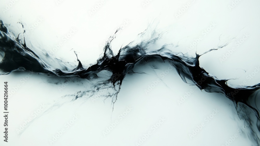 Poster an abstract black and white design featuring flowing lines and splatters, evoking a sense of movemen