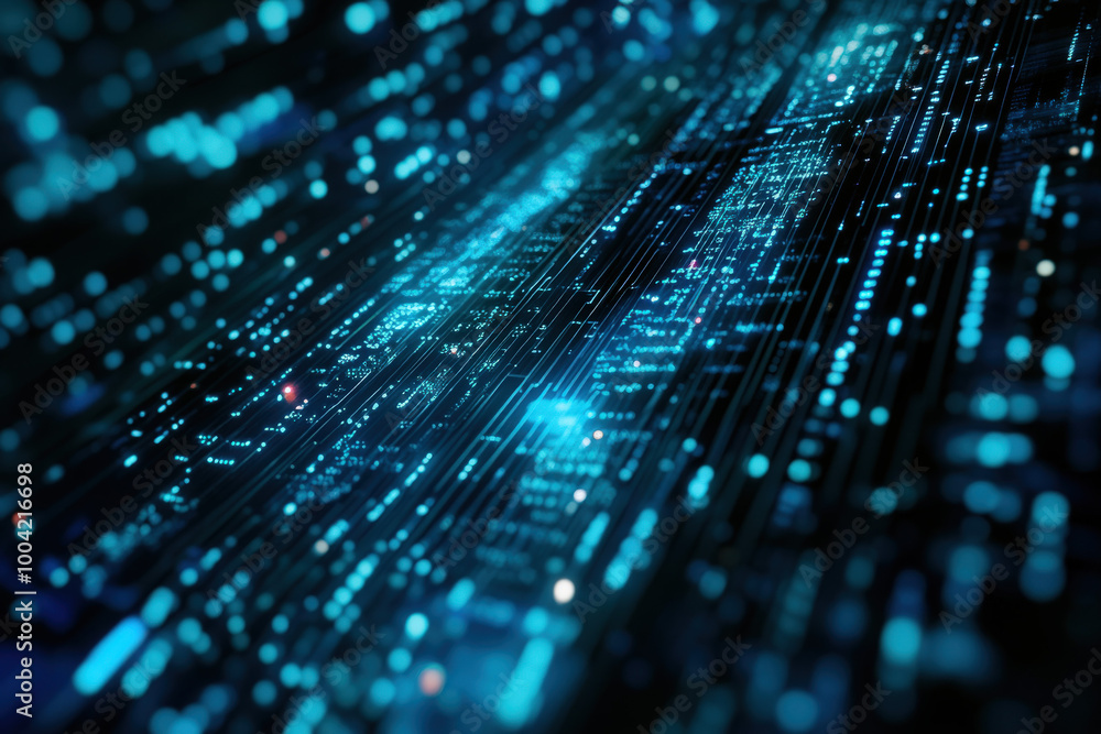 Poster a mesmerizing view of flowing blue digital data streams illuminating a dark void, showcasing the pul