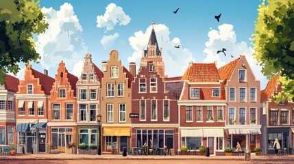 Fototapeta premium Charming cityscape featuring colorful Dutch architecture under a bright blue sky.