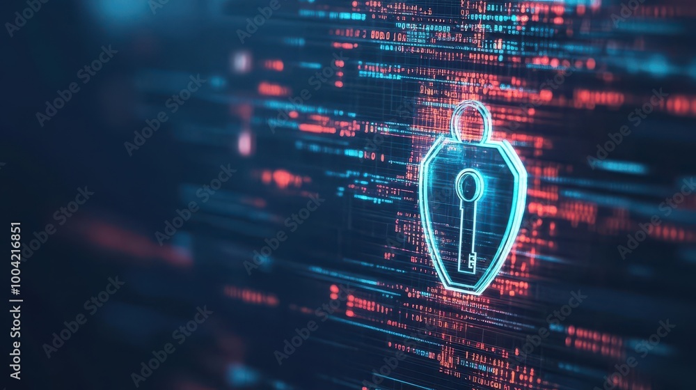 Poster lock and key symbols in glowing holographic style, surrounded by digital code, dark abstract backgro