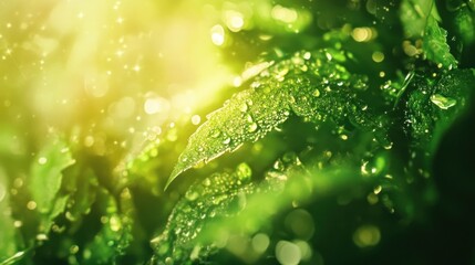 Close-up of glistening green leaves with water droplets, creating a fresh and vibrant mood.