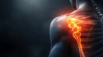 The image illustrates a human shoulder joint with highlighted anatomical features, emphasizing its structural complexity and connection to the spine.