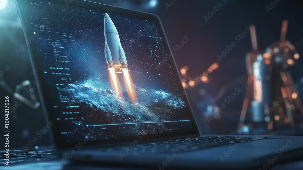 Poster a futuristic laptop displaying a rocket launch simulation with vibrant colors and sleek design.