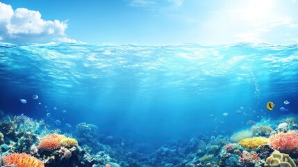 Naklejka premium Vibrant underwater scene with colorful corals and schools of fish swimming in clear blue water.