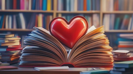 Naklejka premium An open book with a red heart in the center, symbolizing love for reading amidst a cozy library setting.