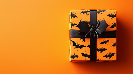 Halloween gift box with eerie black bats and spiders, placed on a vibrant orange background, perfect for spooky celebrations and festive Thanksgiving