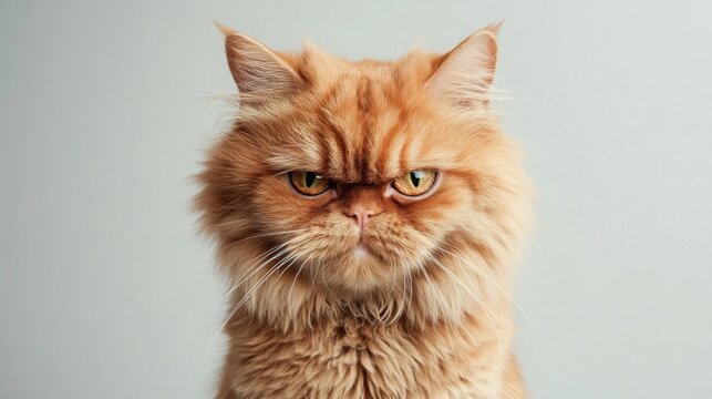 An orange Persian cat with an expressive face, showcasing a mood of displeasure, against a plain background.