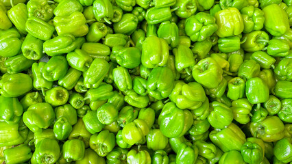 A large pile of fresh green bell peppers displayed in bulk at a market.

