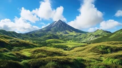 Fototapeta premium Majestic mountain landscape with lush greenery and dramatic clouds.