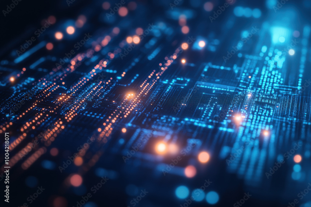 Poster illuminated digital circuitry glows in vibrant colors, showcasing intricate patterns and connections