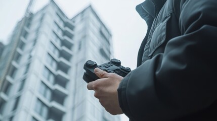 A person holding a gaming controller in front of a tall building.