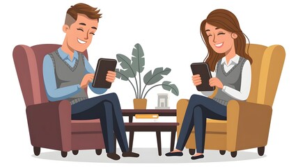 Obraz premium Male and Female Characters Comfortably Seated On Armchairs, Engrossed In Their Tablets, Browsing And Shopping Online, With Expressions Of Leisure And Satisfaction. Cartoon People Illustration