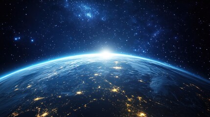 A breathtaking view of Earth from space, showcasing the planet's glowing horizon and twinkling city lights below.