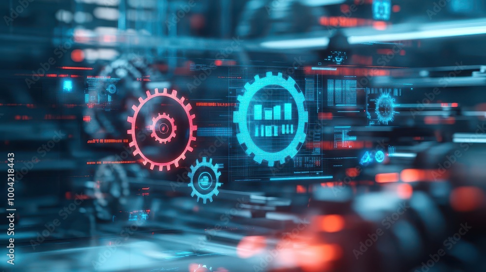 Aufkleber mechanical gears, floating holograms, digital display, futuristic factory setting