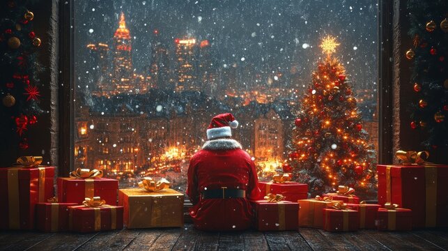 New year card, In the room have realistic group of red gift box on the ground, christmas tree behide the red gift box,