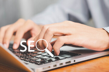 SEO Search Engine, Businessman use laptop to analyze SEO search engine optimization for promoting...