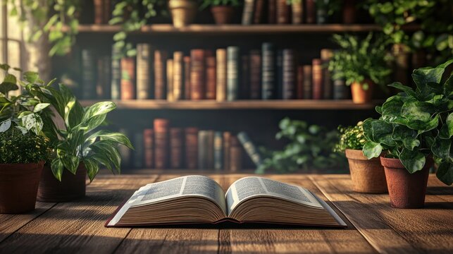An open book rests on a rustic wooden table, surrounded by vibrant green plants in a cozy library setting.