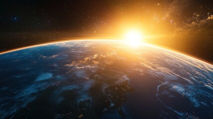 Obraz premium A breathtaking view of Earth from space, showcasing a serene sunrise over the horizon with vibrant colors.