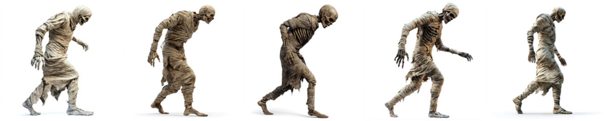 Halloween mummies walking isolated on white. Collage of five mummified egyptian scary creatures
