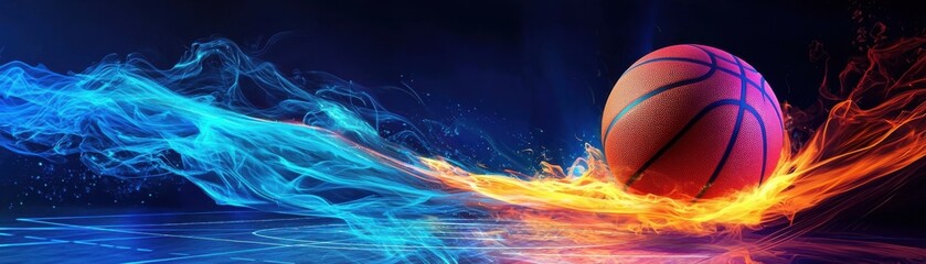 Fototapeta premium A vibrant basketball gliding through colorful flames, symbolizing energy and motion in sports.