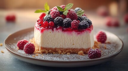 indulgent cheesecake topped with fresh berries beautifully presented on a delicate plate radiating sweetness and inviting viewers to savor the delicious treat
