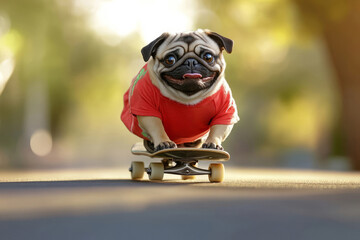 A very funny fat pug rides a skateboard in a red T-shirt.