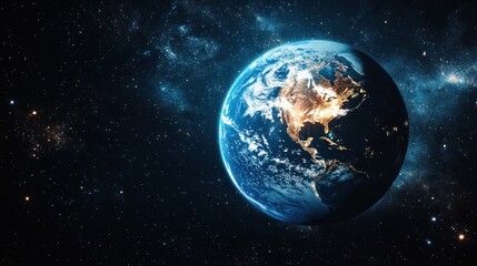 A stunning view of Earth from space, showcasing vibrant blues and greens illuminated by city lights at night.