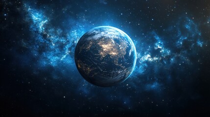 A stunning view of Earth illuminated at night, surrounded by a blue cosmic backdrop with twinkling stars.