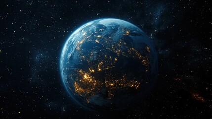 A stunning view of Earth from space, showcasing vibrant city lights against a deep blue and black cosmic backdrop.