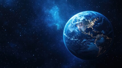 A stunning view of Earth from space, showcasing the vibrant blue oceans and glowing cities at night.