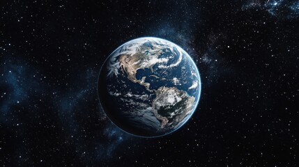 A stunning view of Earth from space, showcasing the Americas with vibrant blue oceans and white cloud formations.