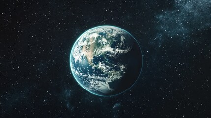 Naklejka premium A stunning view of Earth from space, showcasing its vibrant blue oceans and green landmasses amidst a starry backdrop.