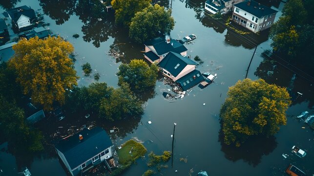 Aerial drone view of a flooded residential neighborhood with houses partially submerged in murky floodwaters debris and fallen trees scattered across the damaged landscape