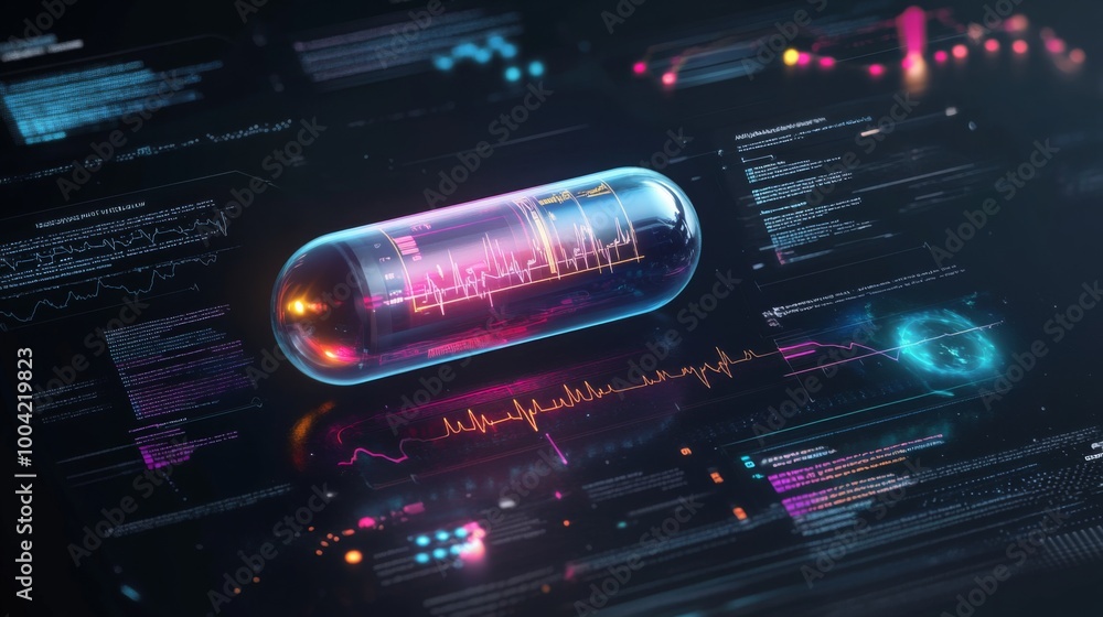 Fototapete a pill is on a digital display, with the inside of the pill glowing pink and showing a heartbeat. th
